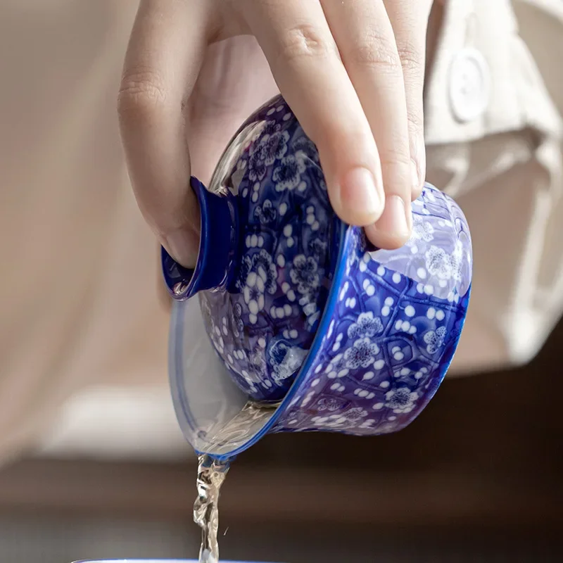 Jingde Impression Blue Ice Plum Blossom Sancai Covered Bowl Ceramic Tea Bowl Tea Tools Distributor Chinese Retro Kung Fu Tea Set