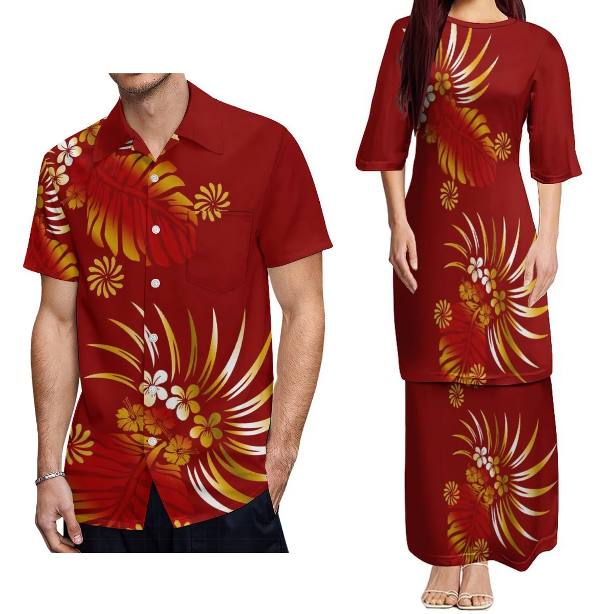 

Women'S Crew Neck Dress Polynesian Custom Puletasi Two-Piece Samoas Slim-Fit Top And Maxi Dress Party Fashion Prom Couple Suit