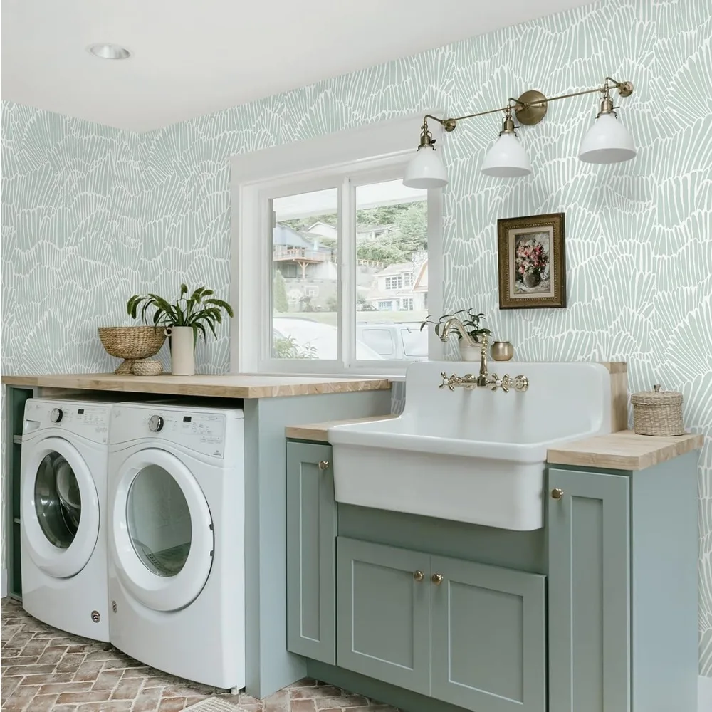 ورق جدران بوهو مخطط باللونين الأخضر والأبيض الحديث قابل للإزالة للداخلية الاستوائية الساحلية