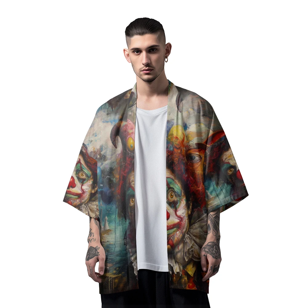 

Classic Vintage Niche Design Horror Style Halloween Clown Watercolor Printed Toga Men's Fashion Casual Kimono Men's Tops