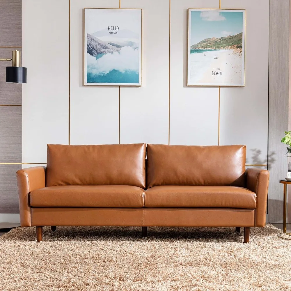 80'' Faux Leather Sofa Couch, Mid-Century Modern Sofa with Solid Wooden Frame & Padded Cushions,