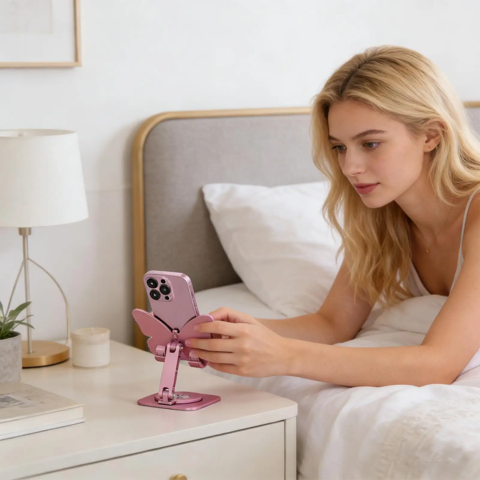 

Phone Stand for Desk 360 Rotating Aluminum Alloy Foldable Butterfly Desk Cell Phone Holder for Most Smartphones Tablet Home