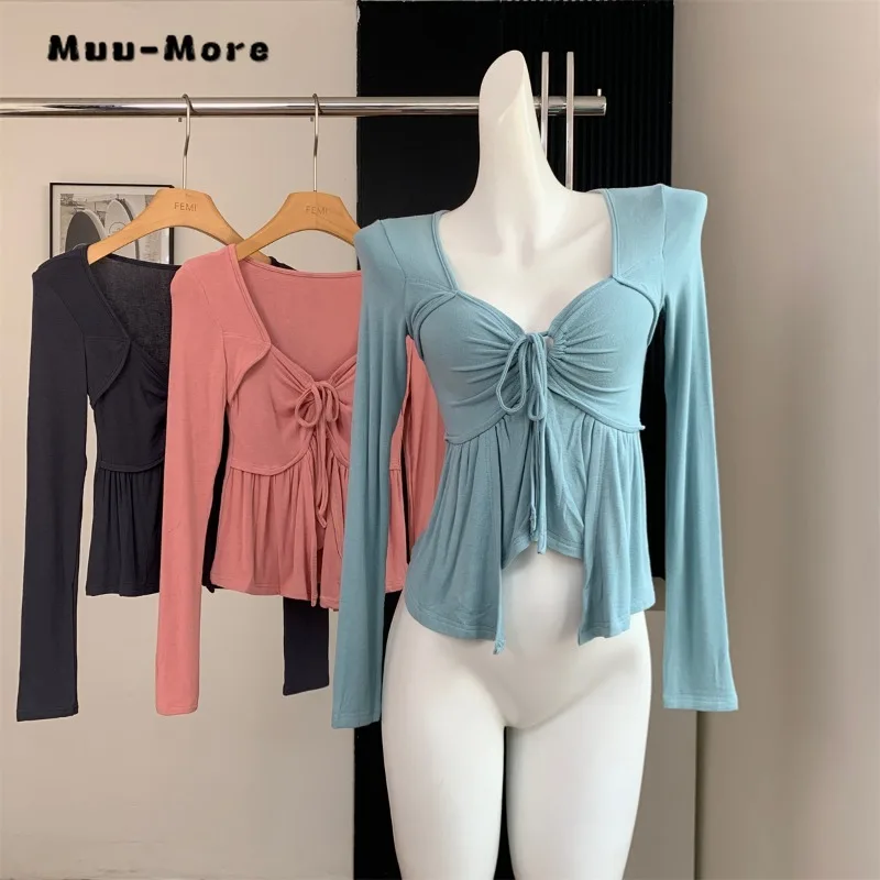 

2023 Autumn Hotsweet Sexy Winter Slim Ruched Ruffle Hem Drawstring Square Collar Asymmetrical Top for Women Long Sleeve Tops