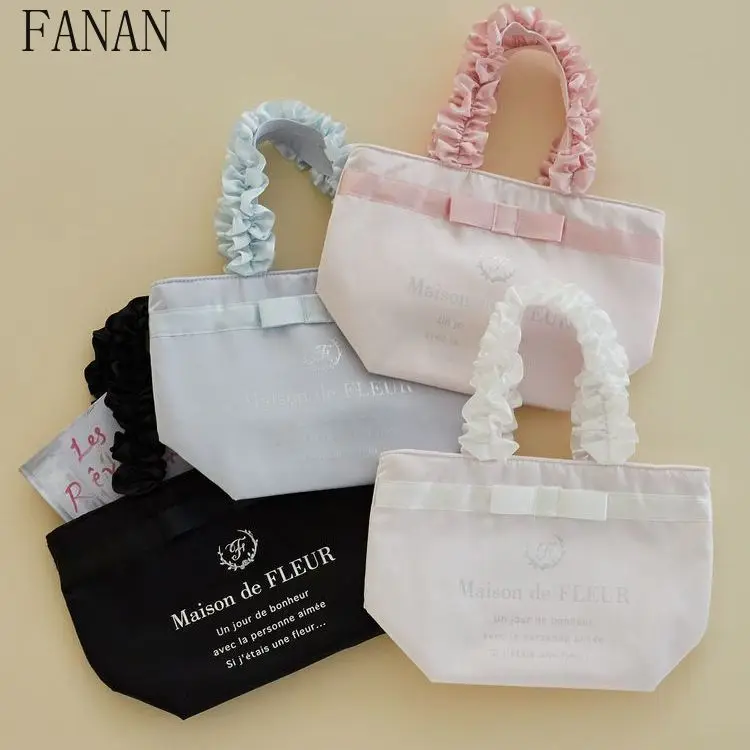 

Women's Handbags Japanese Style Tote Bag with Zipper 2025 New Silver Letter Satin Cute Bow Handheld Shoulder Bags