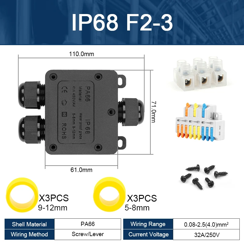 IP68 wasserdichte 3-Wege-Kabelverbinder für elektrische Kabel, LED-Anschlussdose für den Außenbereich, Leitungsschutz für Verkabelungszubehör