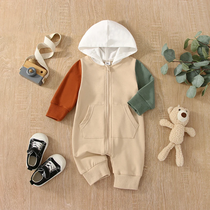 Baby Girl Boy Romper Long Sleeve Patch Color Hooded Neck Casual Fall Spring Long Jumpsuit