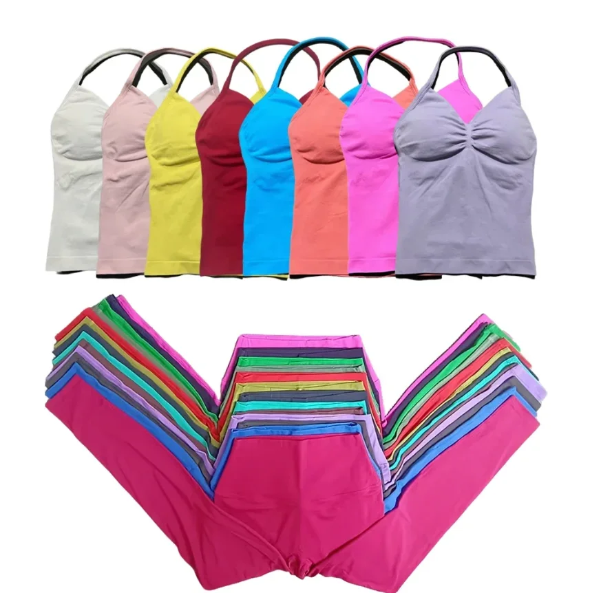 طقم يوجا مكون من قطعتين سترة برقبة للنساء وطماق من نفس اللون للتدريب على المقاومة والجري طقم سترة بدون خياطة