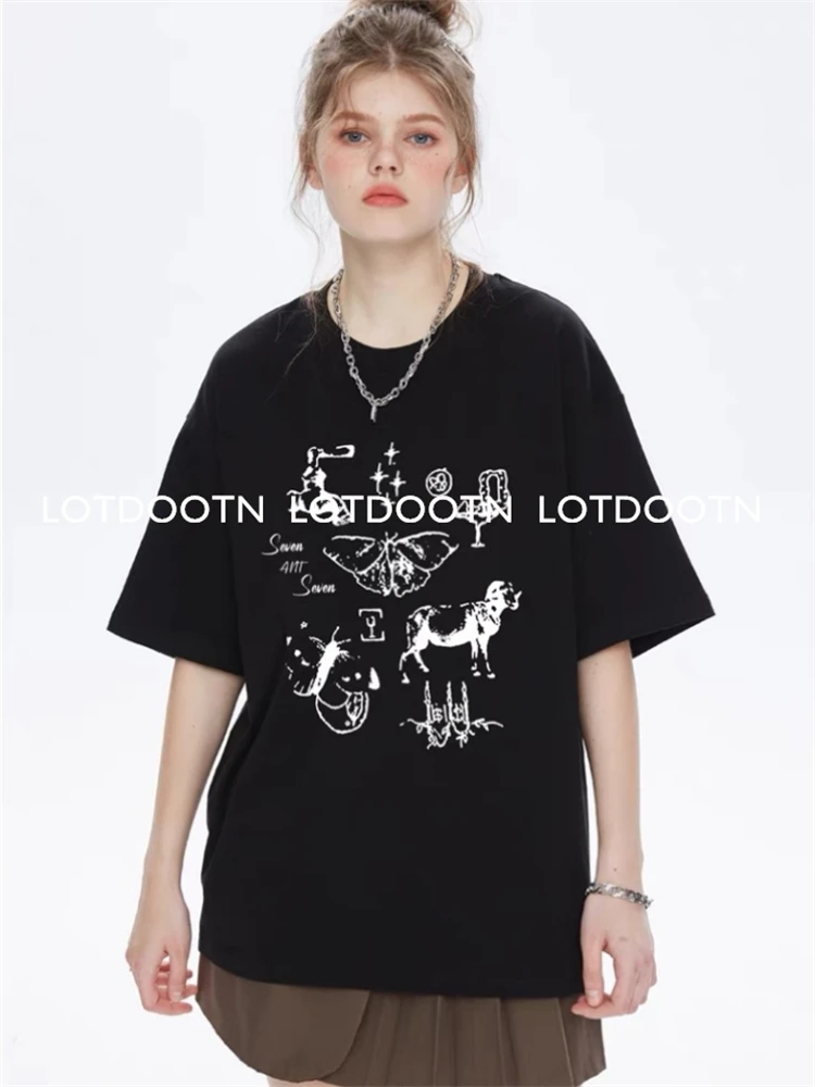 LOTDOOTN Summer Cotton Butterfly Graphic Tshirt American Fashion Y2K Women Loose Retro Fresh Personality Harajuku Kawaii Clothes