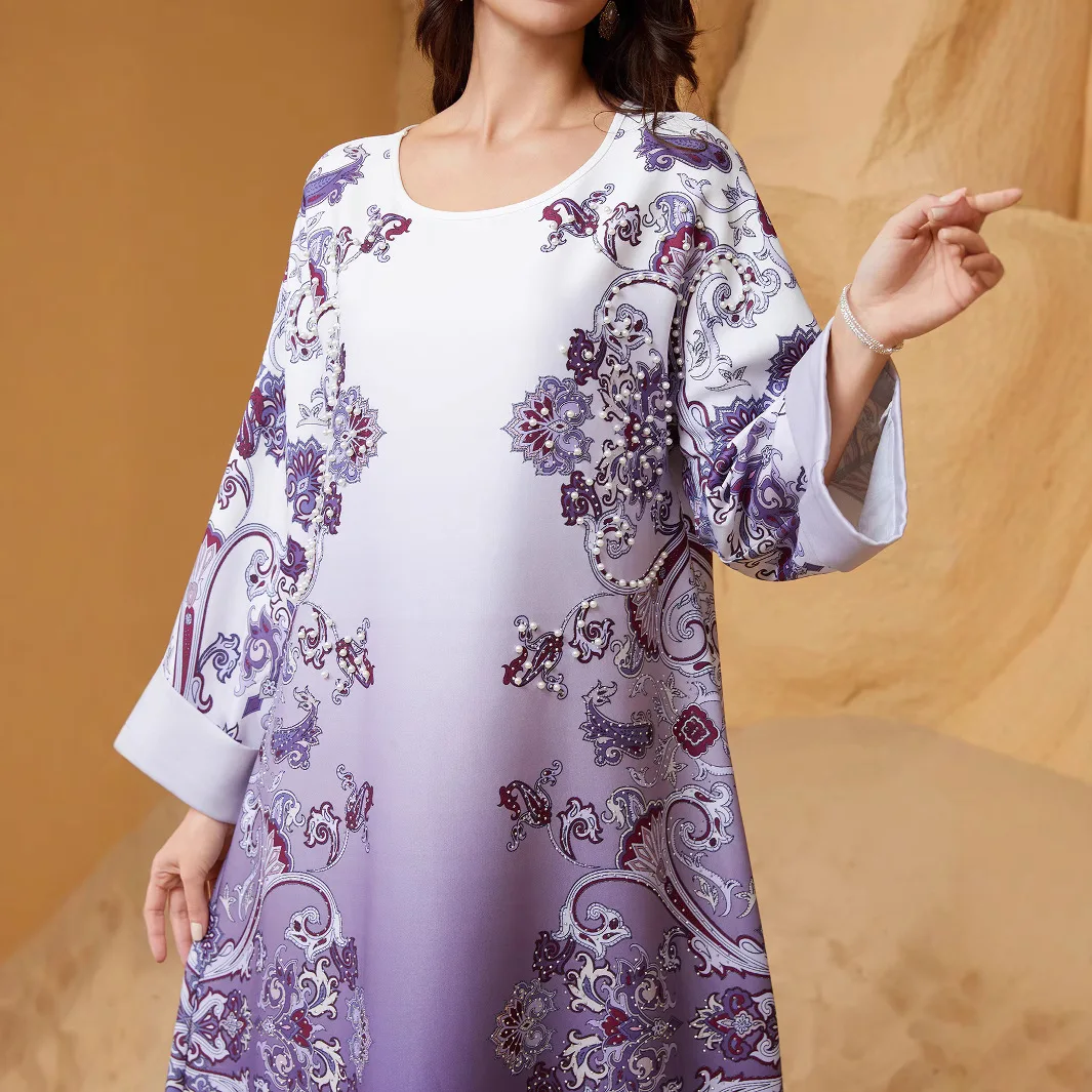 Medio Oriente transfrontaliero nuovo abbigliamento da donna musulmana veste stampa perline di diamanti caldi girocollo commercio estero all'ingrosso