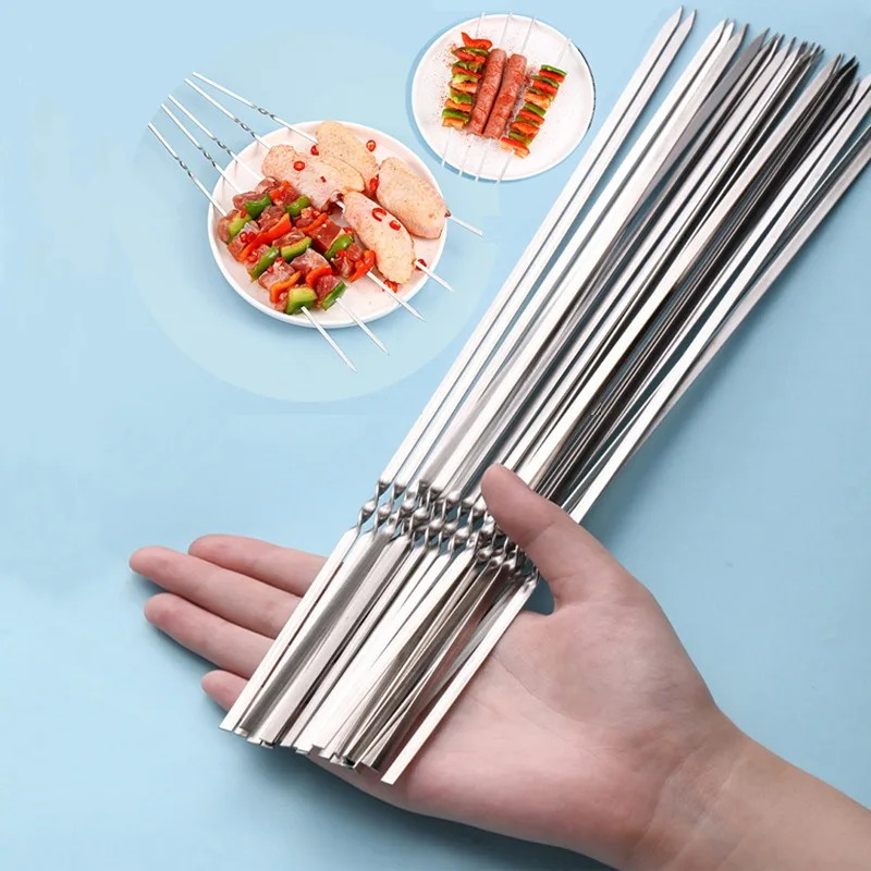 BBQ Skewers Stainless Steel Barbecue Flat Skewer Kebab Iron Stick For Outdoor Camping Picnic Cooking Tool Reusable BBQ Tools