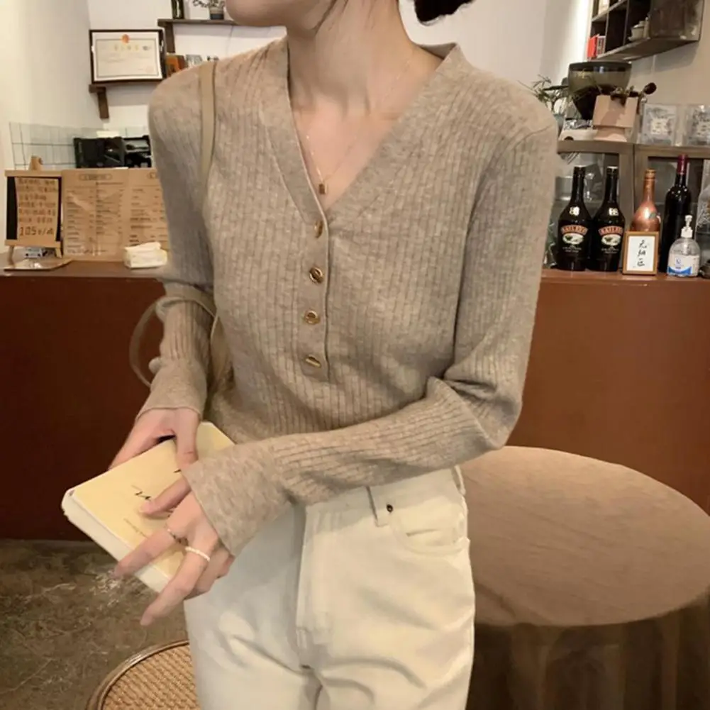 V-neck Knitted Bottoming Shirt Elegant V Neck Knitted Sweater for Women Slim Fit Long Sleeve Fall Blouse Soft Warm for Winter