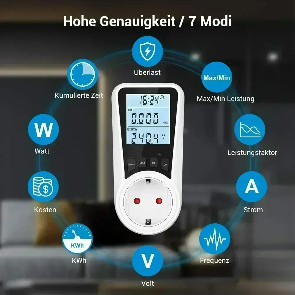 

110V-230V 16A Dual Rate Electricity Meter Energy Cost Measurement Overload Protect Socket Dual Rate With 7 Modes Figure Screen