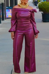 Fashion Semi Formal Women Two Piece Pant Set Burgundy Faux PU Leather Off The Shoulder Lantern Sleeve High Street Matching Set