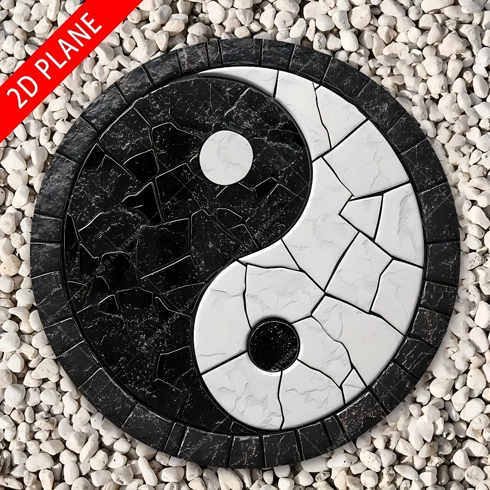 Yin Yang 2D Plane High Definition Metal Wall Art Black and White Marble Texture Cracked Stone Effect Feng Shui Zen Balance Harmo