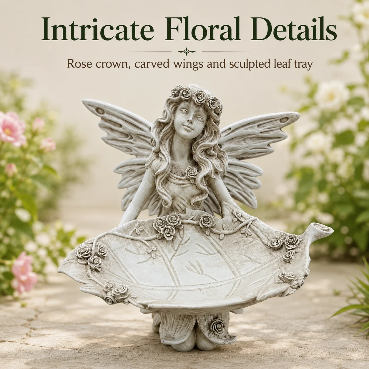 Garden Fairy Statue Bird Feeder with Leaf Tray Resin Art Figurine Outdoor Garden Patio Lawn Yard Decorative Bird Bath Ornament