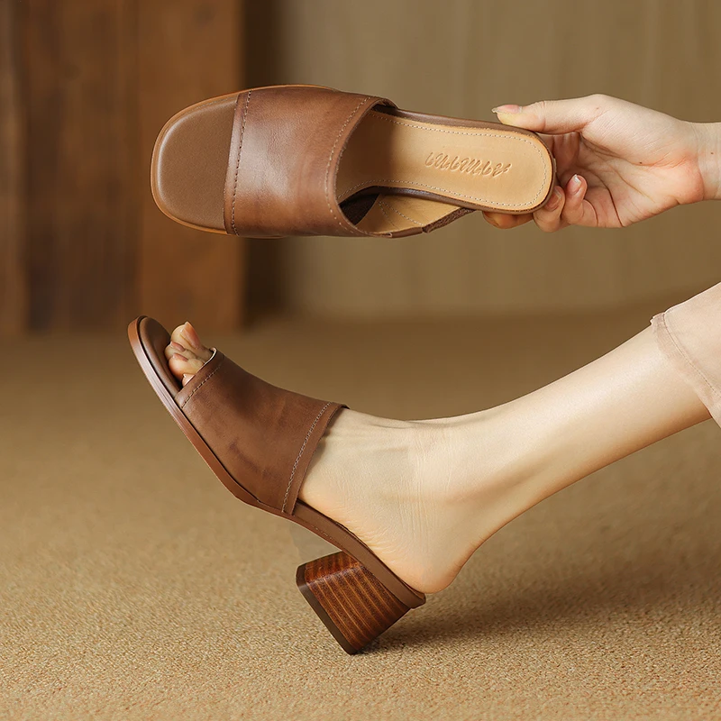 

Женские сандалии из натуральной кожи с одним ремешком и квадратным носком, винтажная повседневная обувь на среднем массивном каблуке с открытым носком