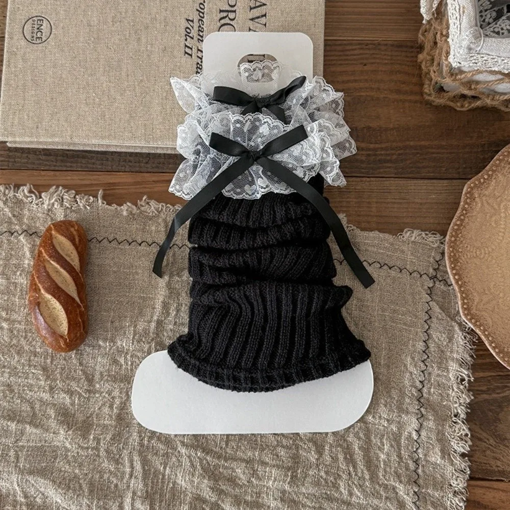 Lace Bow Knit Leg Warmers Ruffle Trim Knit Design Ruffle Frilled Socks Stacked Style Slouchy Fit Slouchy Leg Warmers JK Style