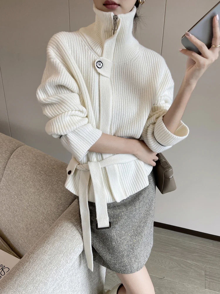 

Thiened High Collar Zipper Knitted Open Cardigan Women's Winter Soft Cozy Sweater PIN Beige New 2025 Sle Warm Commute Sle