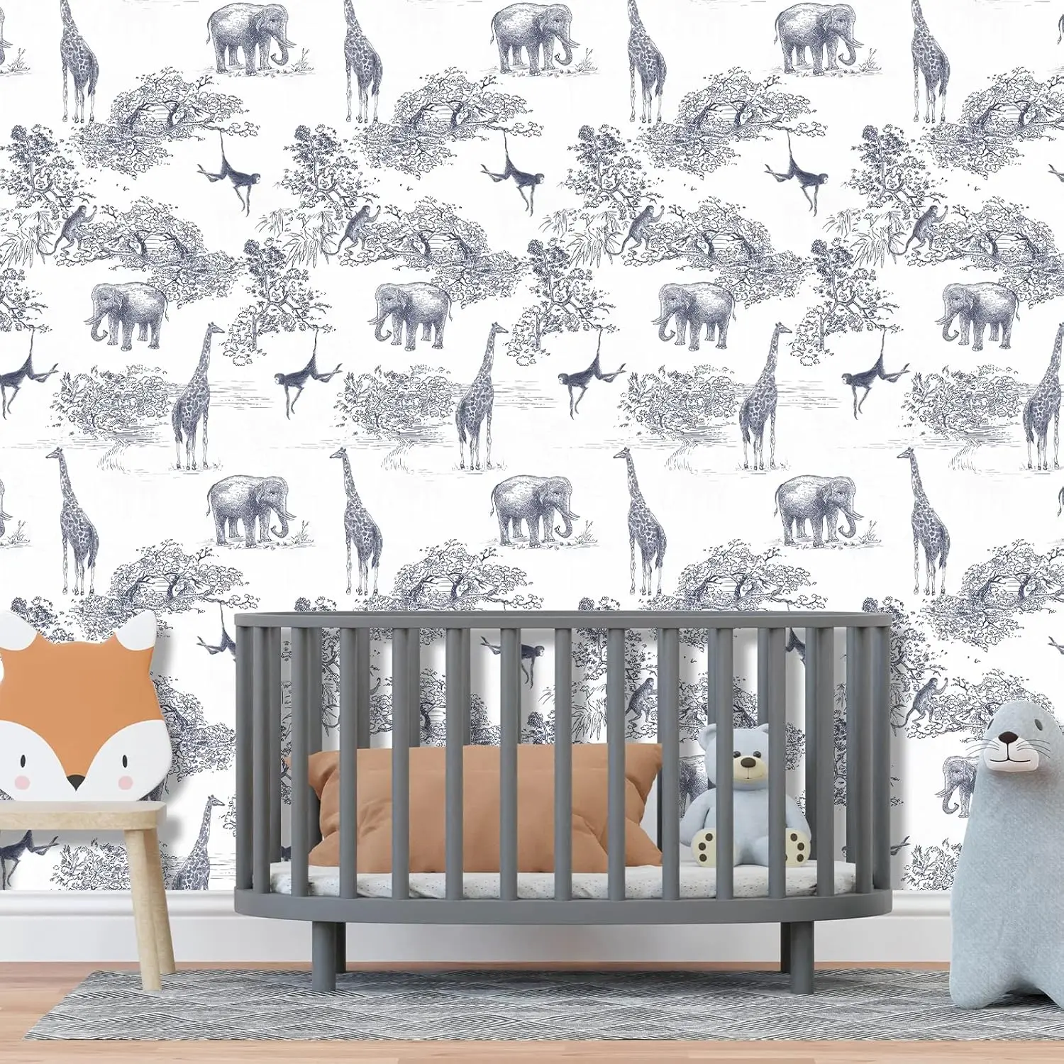 

Jungle Tropical Peel and Stick Wallpaper Giraffe/Elephant Blue White Animals Wallpaper for Kids Room Waterproof Contact Paper