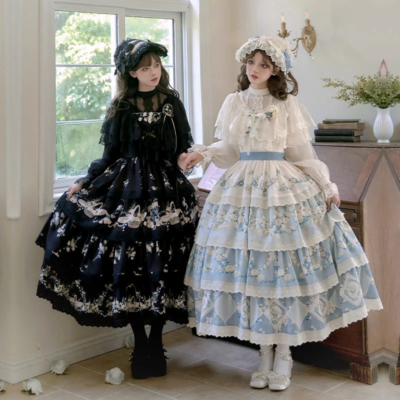 Japanese Sweet Lolita Dress With Countryside Print Embroidery Jsk Sweet Lolita Loli Tea Party Dress With Puji