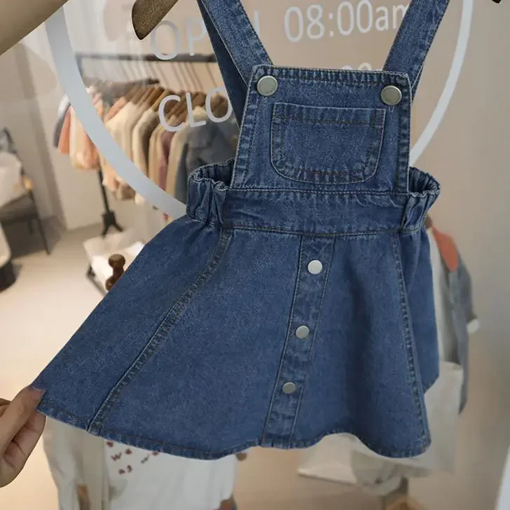 

2022 Girls Kids Denim Dress Buttons Pocket Sling Dresses For Girl Children Costume Robe Fille Clothes