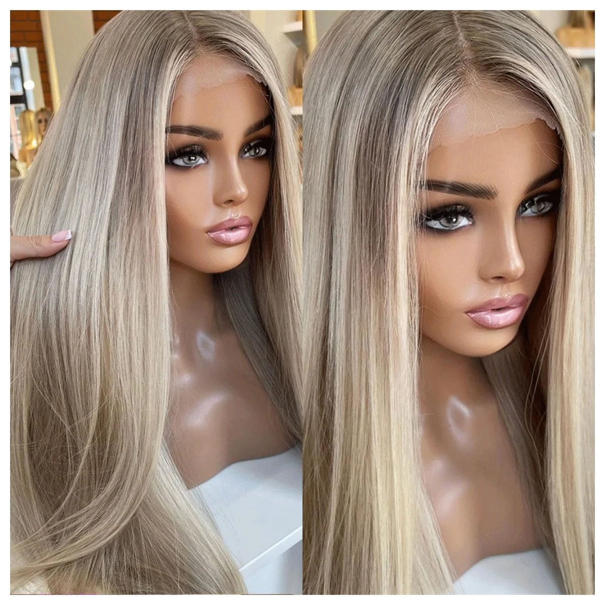 

Длинный 24-дюймовый пепельно-русый парик с мелированием, блондинка, коричневые полоски, парик, прямая средняя часть, высокое качество, темные корни для женщин, парики