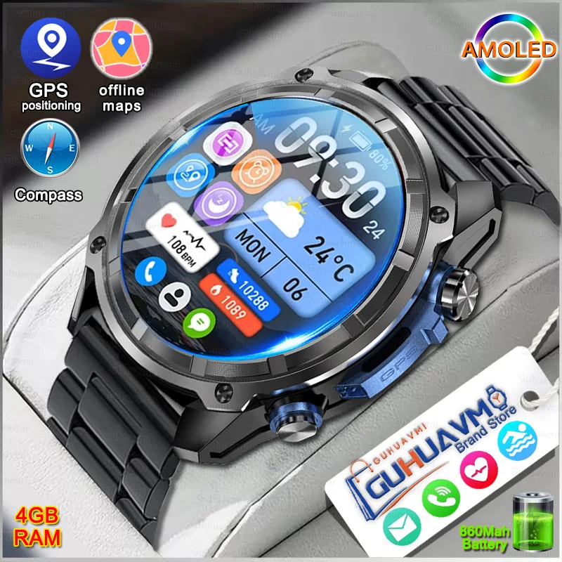New 466*466 Screen Smart Watch Men Corning Glass GPS offline maps Always Display The Time Call 4GB Music Smartwatch For  Men