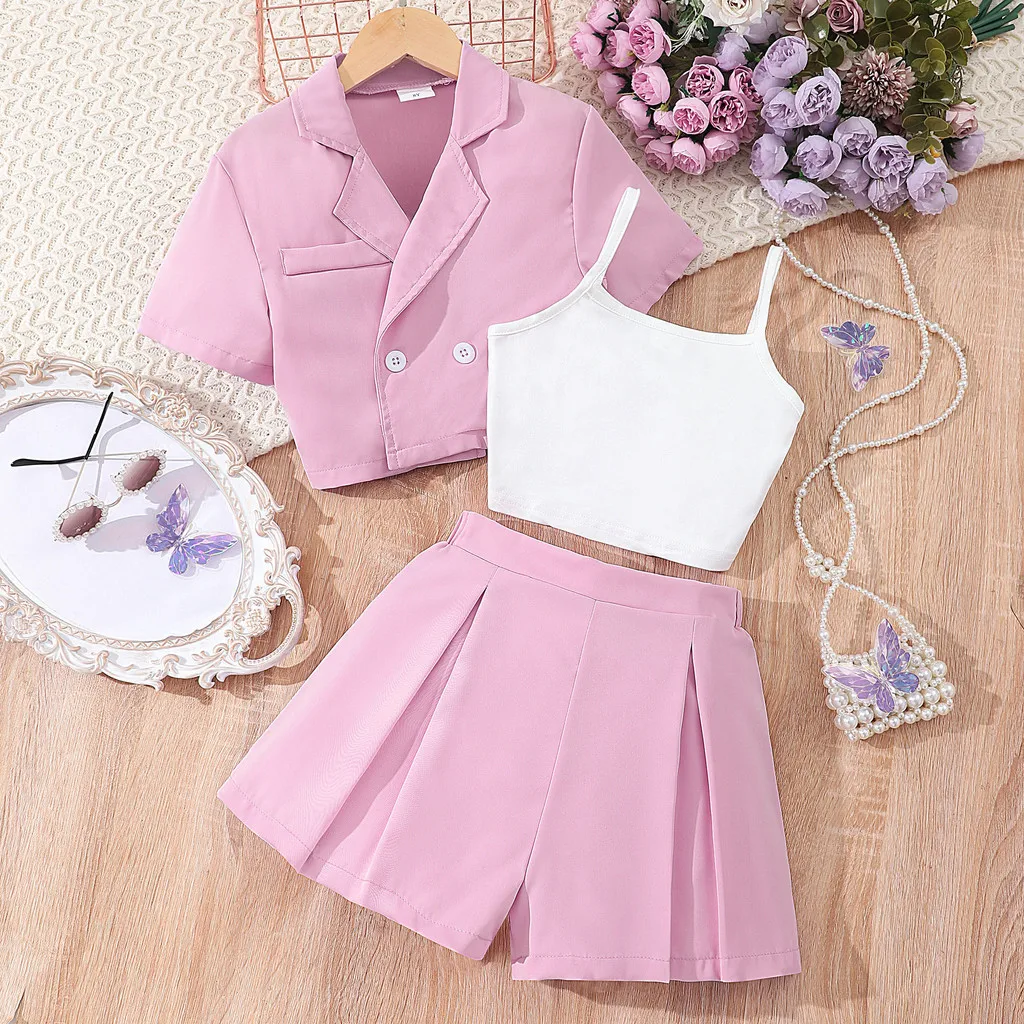 2024 Teen Girl Set Summer Short Sleeve Blazer+Camisole+Shorts Ourfit 8 9 10 11 12 Years Old Fashion Casual Purple Kids Girl Suit