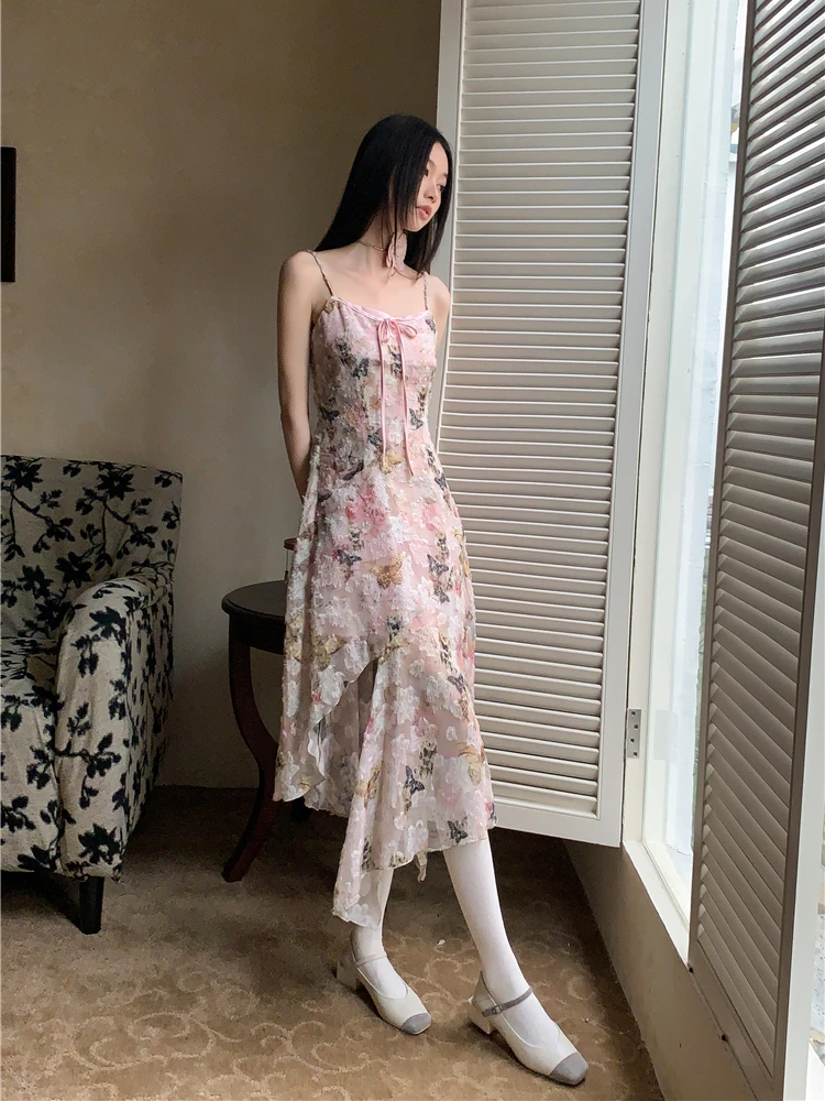CHEERART ผีเสื้อดอกไม้สีชมพู Sheer Slip Dress 2025 ผู้หญิงฤดูร้อน Designer Sundress Tunics ไม่สมมาตร Midi ชุดเสื้อผ้า