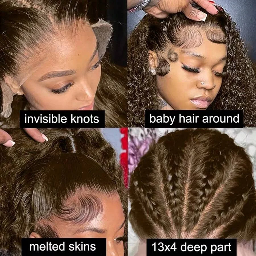 34 Inch 13x4 HD Chocolate Brown Deep Wave Lace Frontal Wigs Human Hair Burmese Colored 13x4 Water Curly Human Hair Wigs For Women 200 Density Preplucked image 3