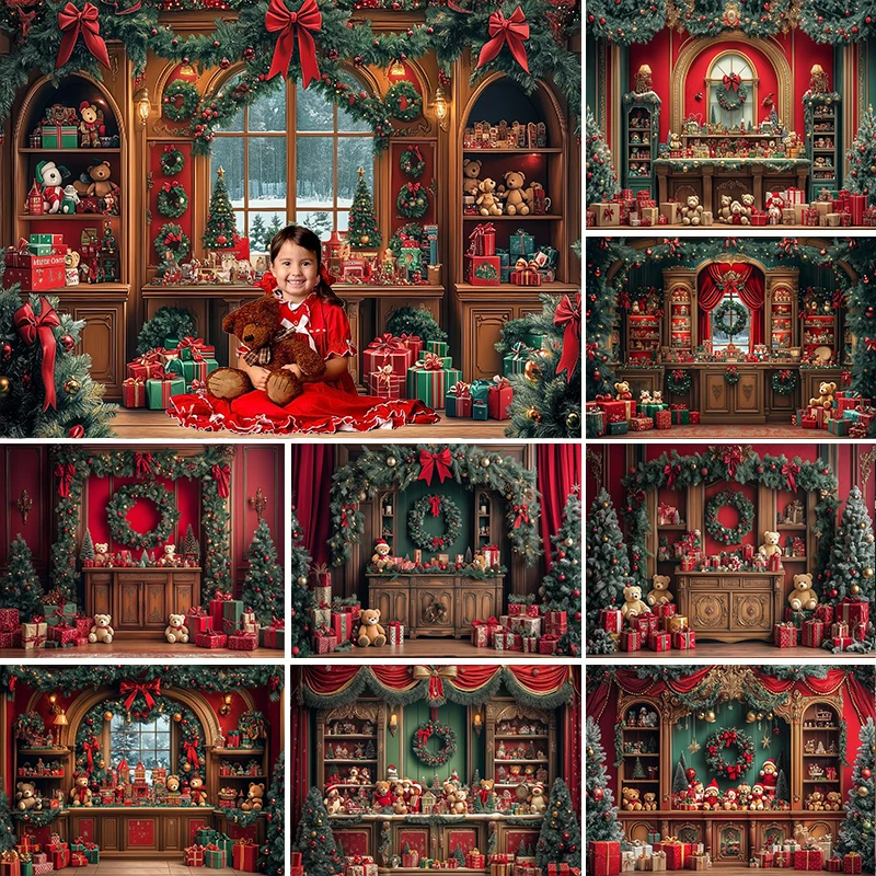 

LS Photography Background Winter Christmas Window Wreath Bear Gift Decor Child Adult Baby Portrait Photo Backdrop Studio