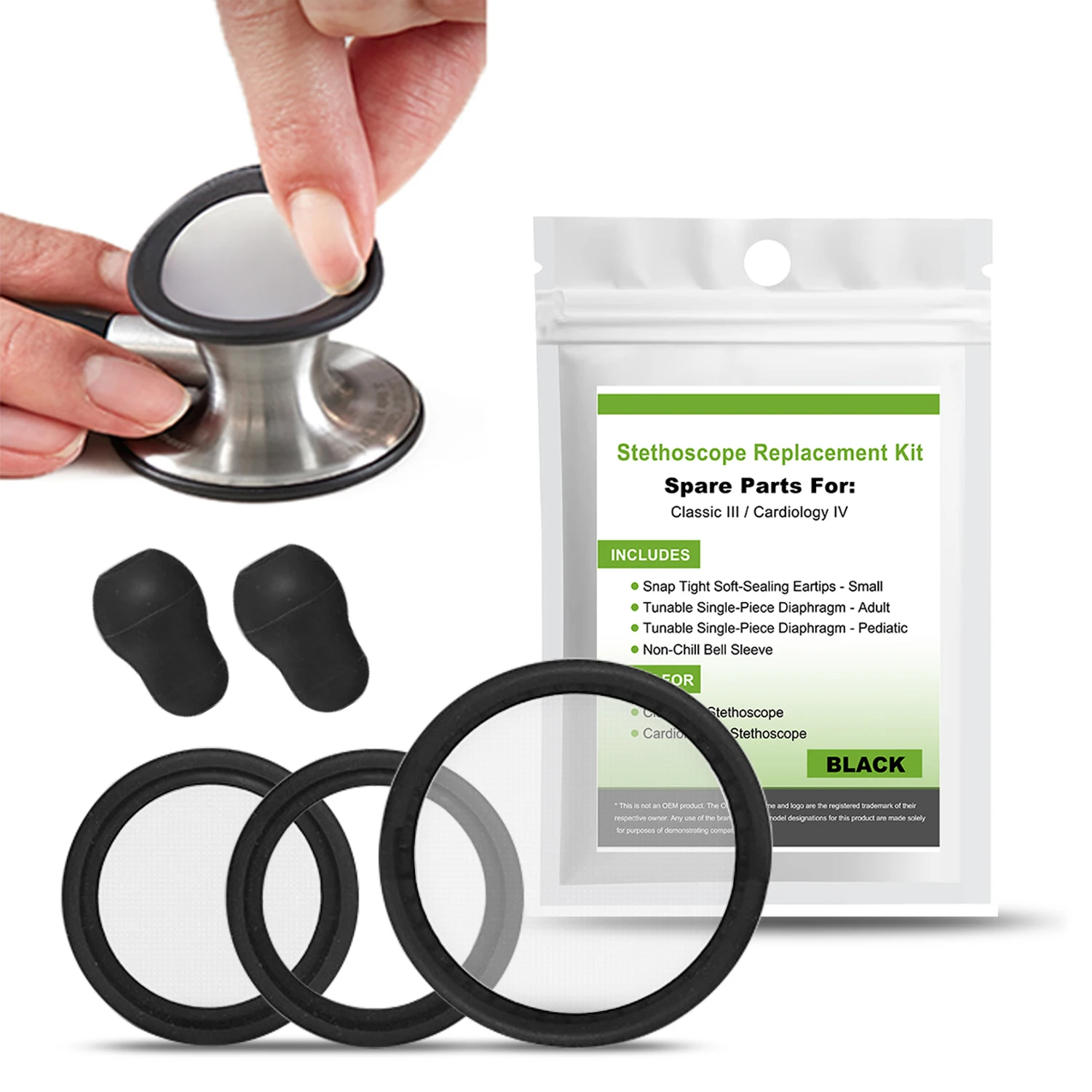 Stethoscope Spare Parts Replacement Eartips Tunable Diaphragm Rim Assembly Kit Compatible for Littmann Classic III 40016 A1