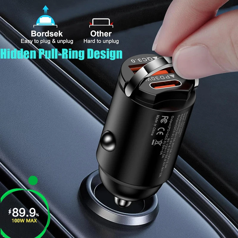 100W Mini PD USB Car Charger Fast Charging Hidden Pull Ring Super Charge Multi-function Car Charger For Samsung iPhone Xiaomi