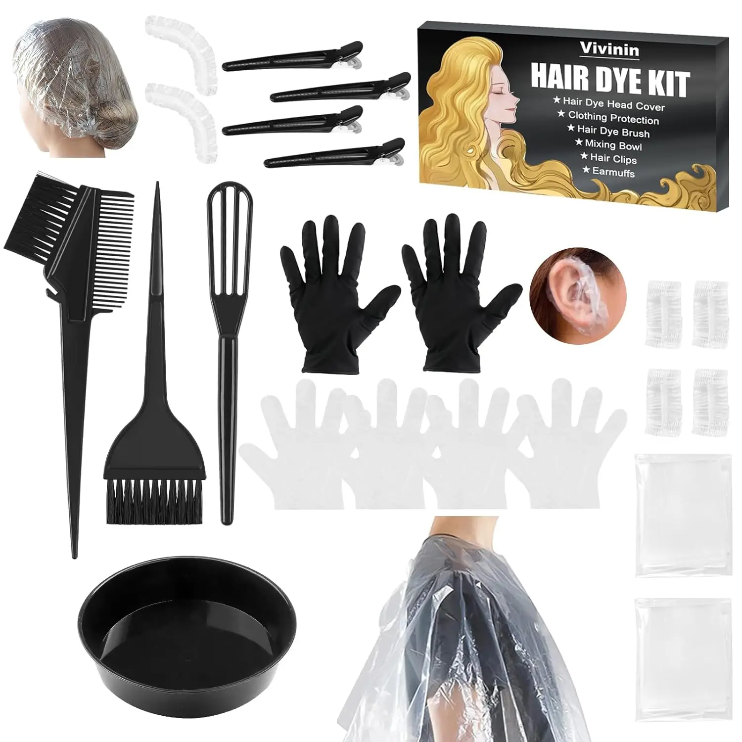 

19-Piece Hair Dye Kit with Brushes, Bowl, Clips, Gloves, and Accessories for Salon or Home Use