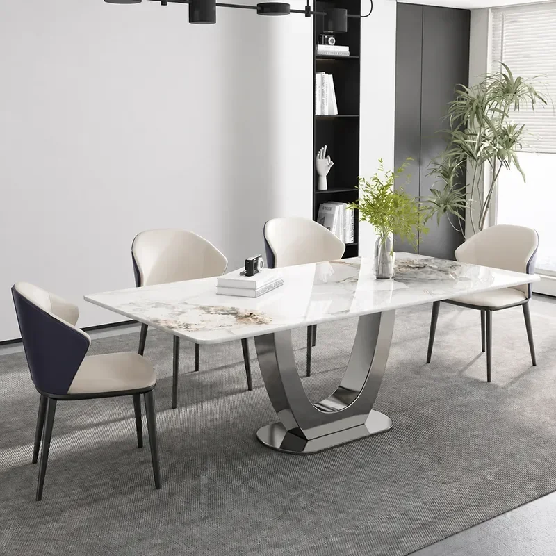 Scratch Resistant Rock Slab Dining Table Modern Simple Small Rectangular Household Restaurant Furniture Light Luxury Style