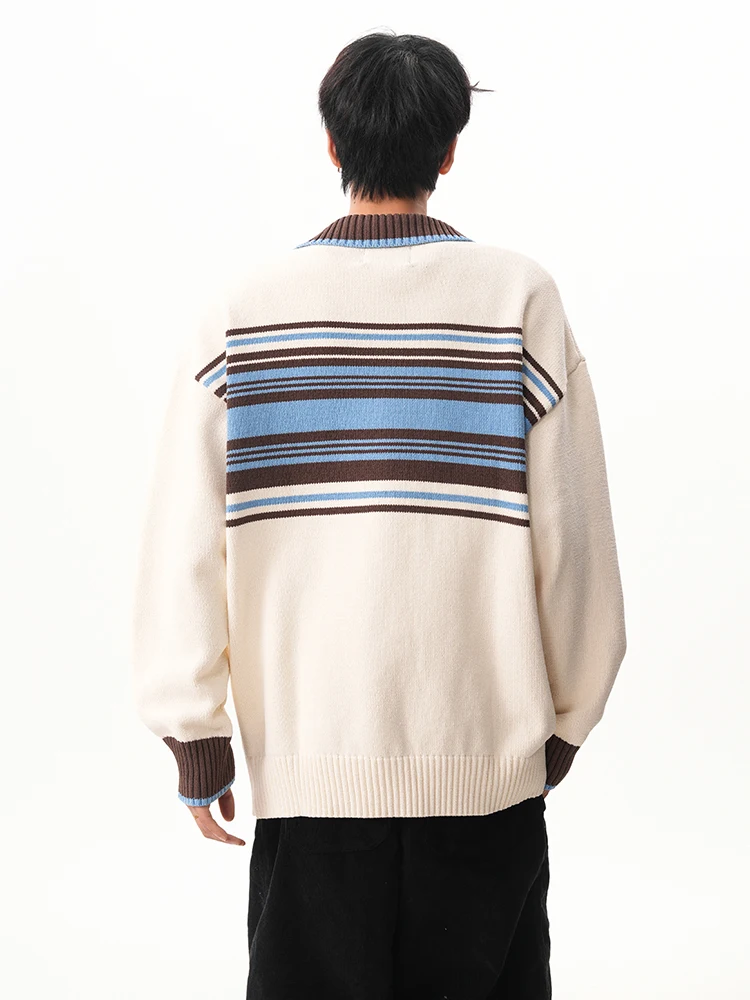 2025 Autumn Winter New Apricot Striped Cardigan Sweater Men's Turn-down Collar Black Color Block Loose Casual Knitwear