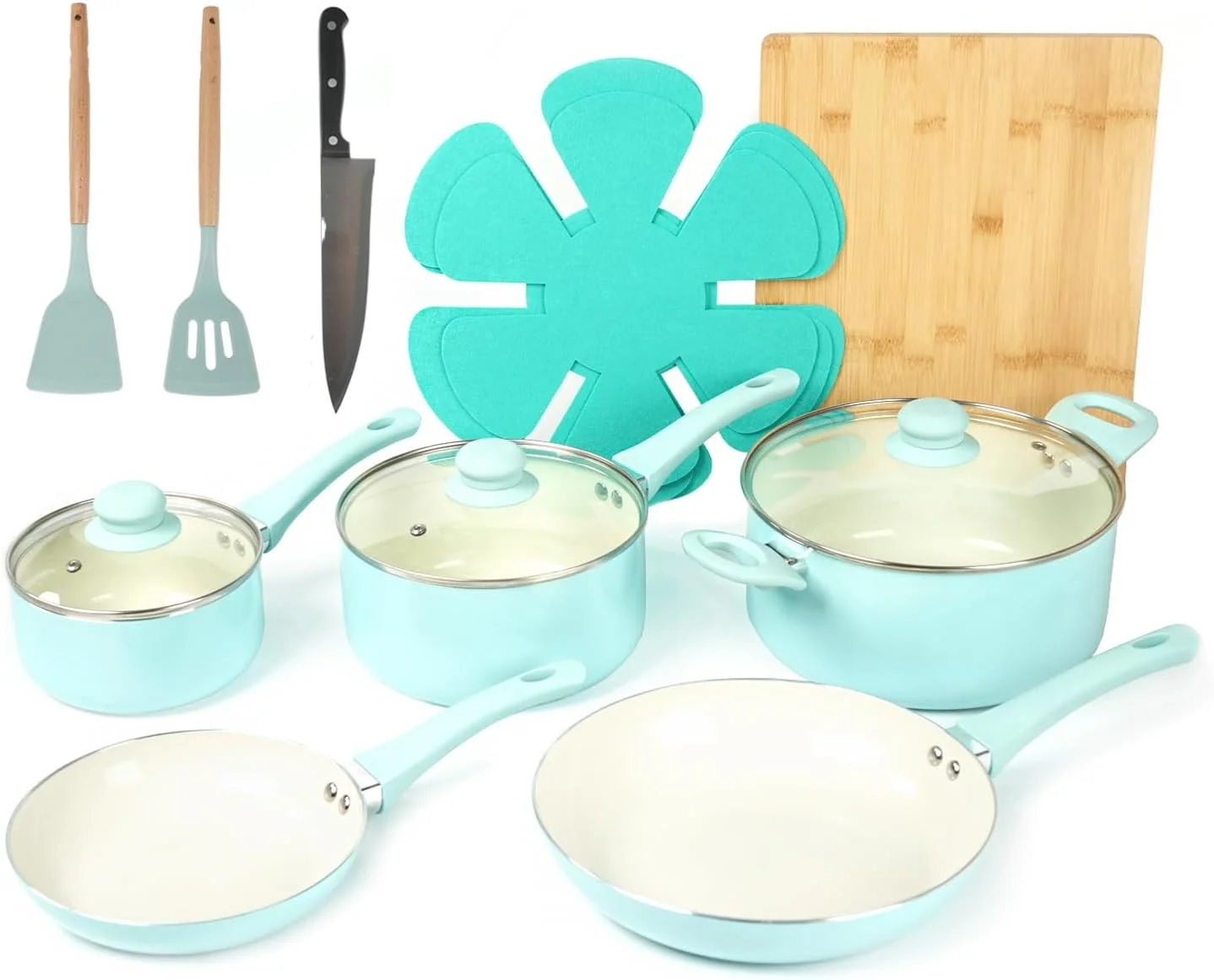 

Ceramic Non-stick coating Induction Cookware Sets pressed Aluminum Pots Frying Sauce Pans Set BAKELITE Handles Glass Lids