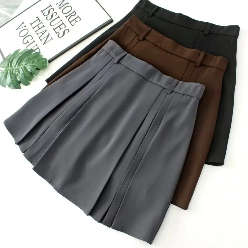 2023 Autumn Clothes Women Pleated Skirt Plus Size Elastic Waist Casual Solid Color Mini Bottoms Curve F11 7402