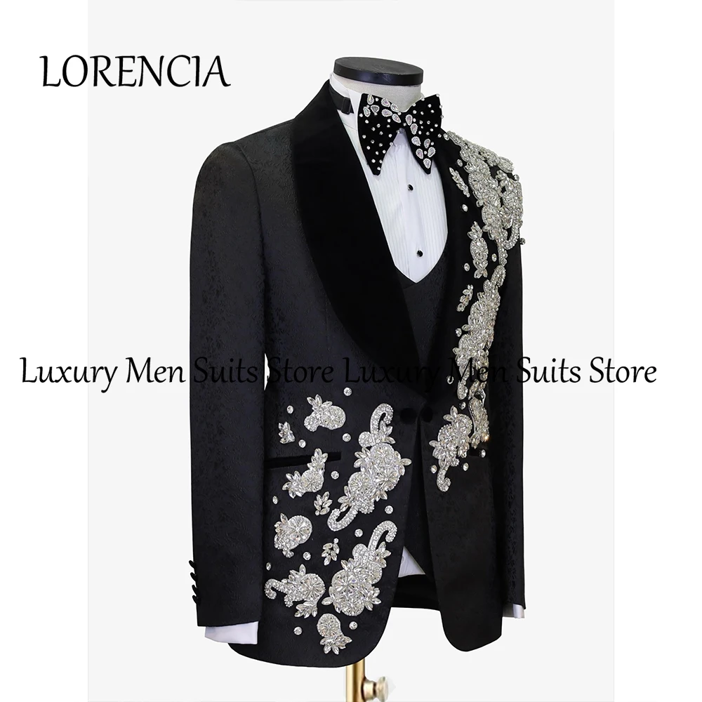 Sparkly Crystal Suits for Male 3 Pieces Single Breasted Applique Tuxedos Wedding Groom Customized Blazer Pants Vest ropa hombre