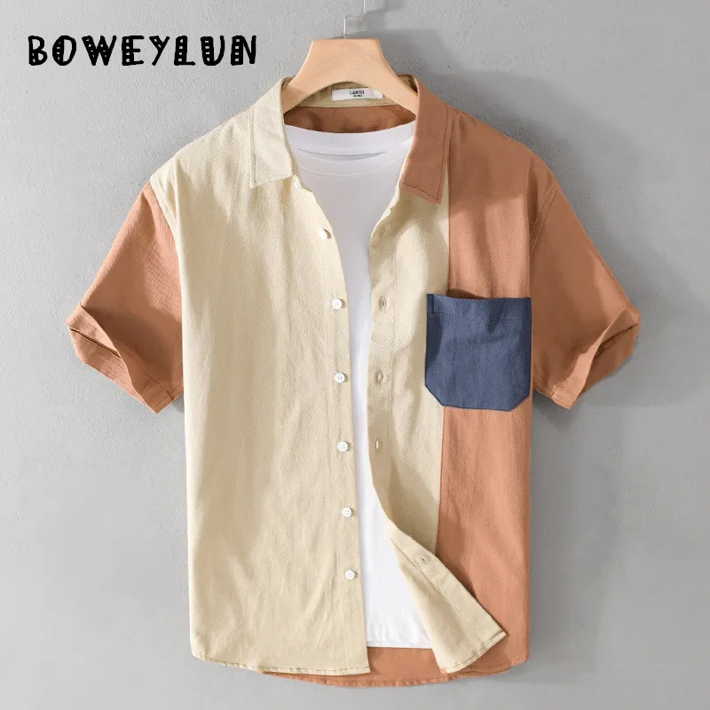 

BOWEYLUN 100% Cotton Summer Casual Color Block Short Sleeve Shirt Men's Soft and Skin-friendly Loose Fit Youth Men's Blouse