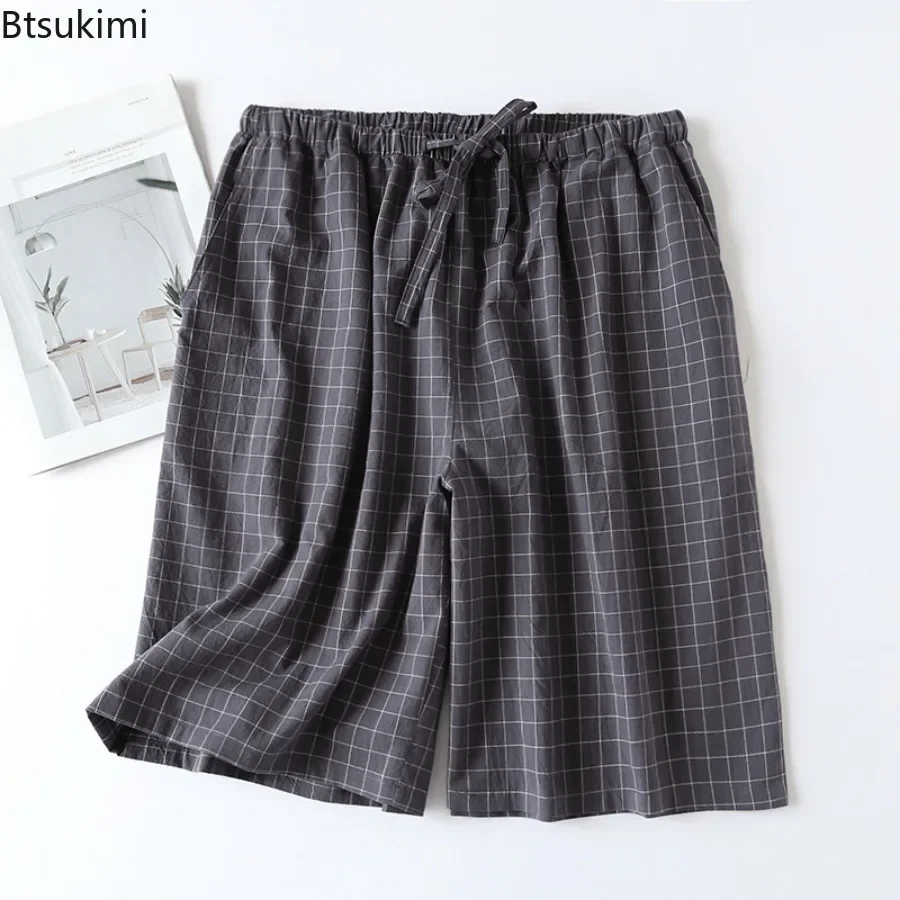 Neue 2024 männer Nachtwäsche Pyjama Shorts Plaid Design 100 % Baumwolle Casual Lose Doppel-schicht Homewear Schlaf Bottoms männlichen Hause Hosen