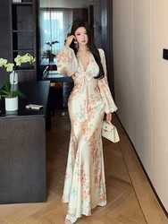 Spring Summer Floral Satin Long Sleeve V-Neck Dress Women Luxury Elegant Ruffled Mermaid Dress 2024 Korean Bodycon Evening Dress