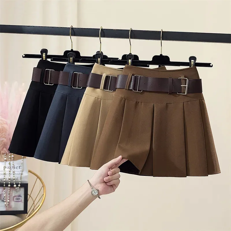 

Y2K Belt Pleated Mini Skirts Women Spring New Korean High Waist Solid A Line Skirts Female Fashion Preppy All Match Skirts