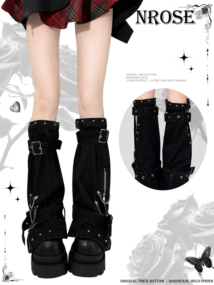 ถุงคลุมขาผ้าเดนิมสีดำ สไตล์สาวฮ็อตเกิร์ลแนววอร์คแวร์ ถุงคลุมขาแบบยาวคลุมเข่าสำหรับผู้หญิง