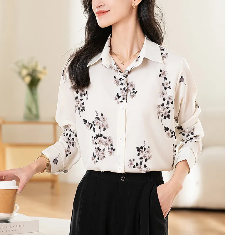 أزياء الكورية عارضة مكتب سيدة قمم المرأة قميص طويل الأكمام زهرة مطبوعة #3