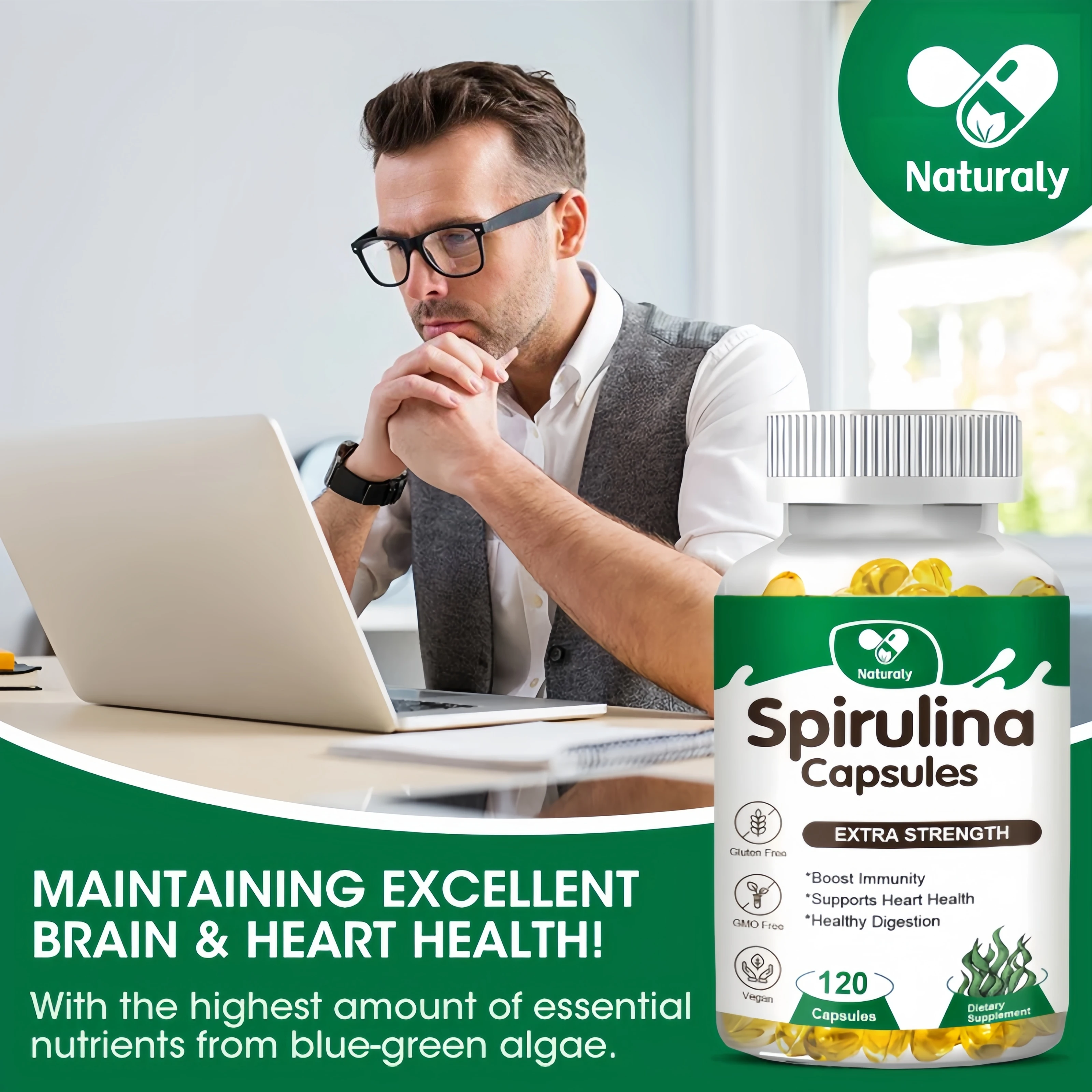 Spirulina Capsules  Maximum Strength Supports Immune System, Heart, Cells and Energy