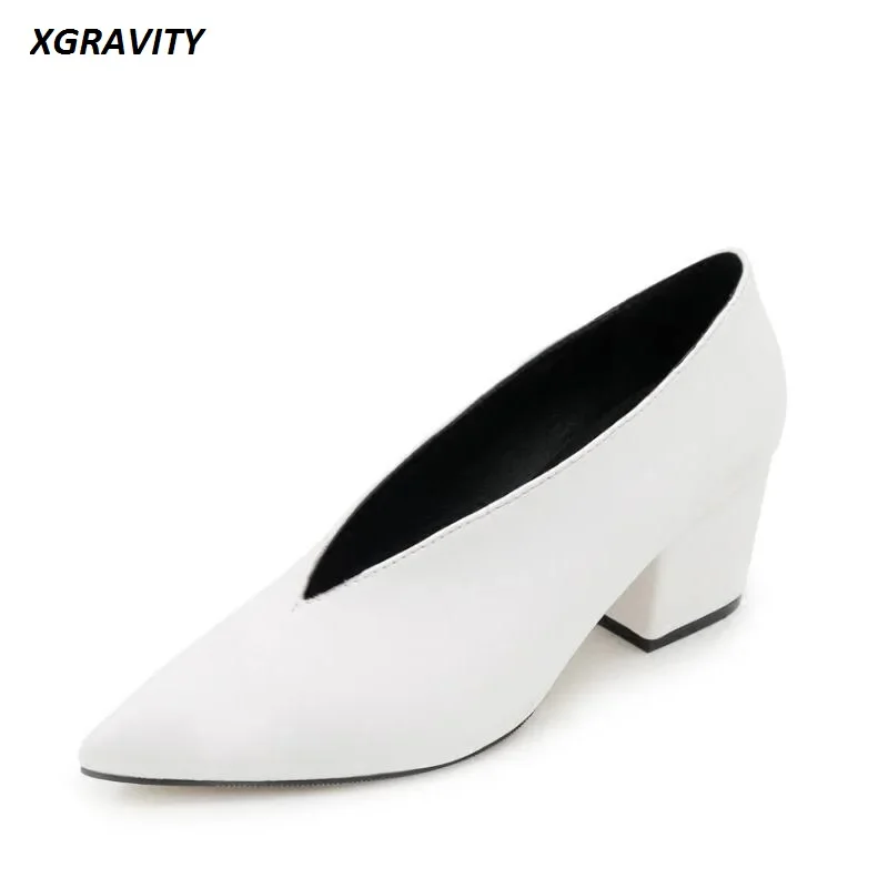 

Xgravity New Spring European American Sexy Pointed Toe Dress Shoes Deep V Design Woman Footwear Chunky Party Wedges Shoes C262