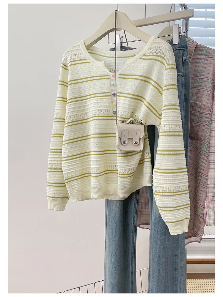 Anti-Aging Color Block Stripe V-Neck Long Sleeve Knitted Sweater Women's Spring Autumn New Hollow out Design Loose Top