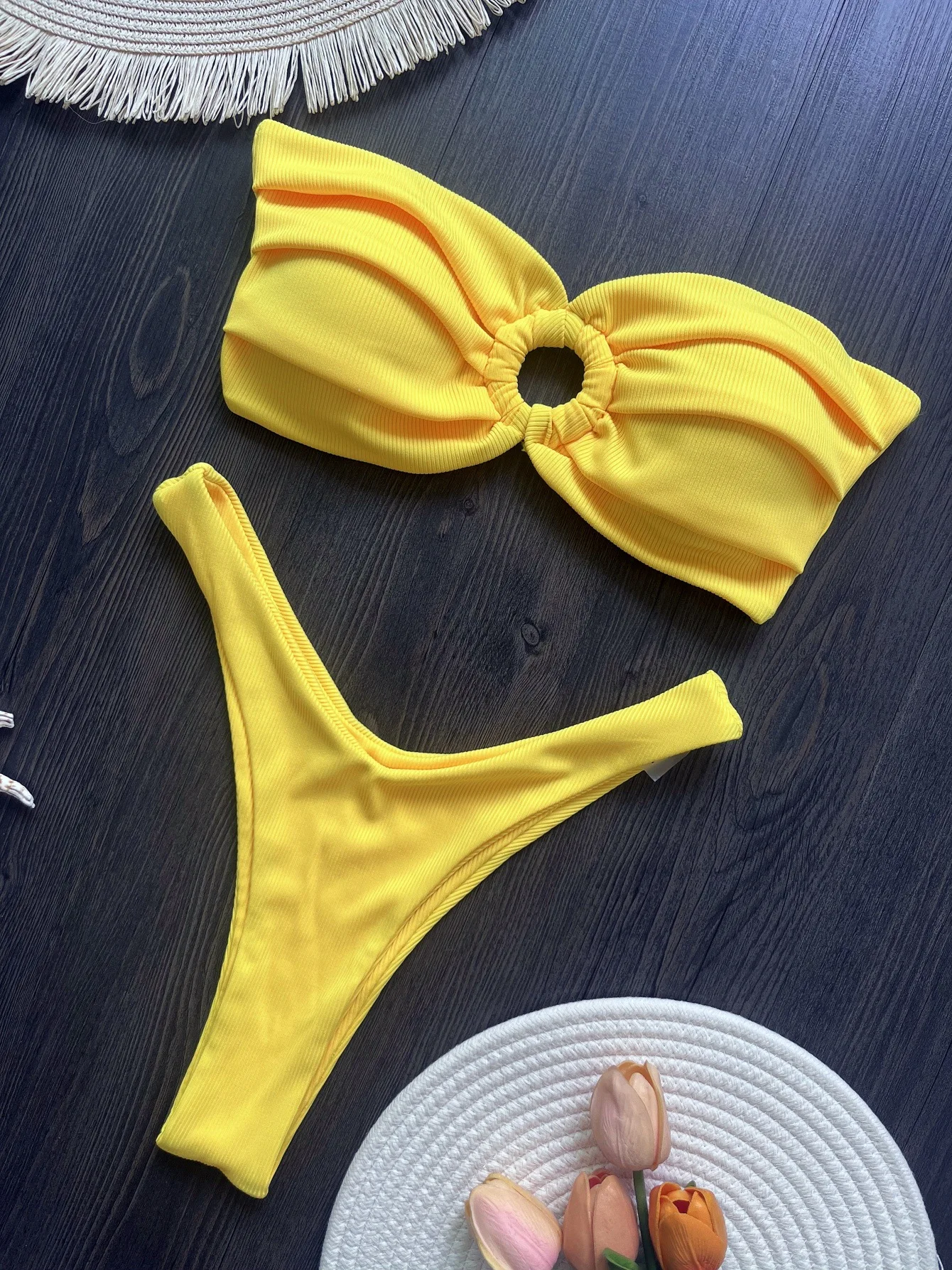 

Melphieer Sexy Tube Top Yellow Bikini Set Women's Swimsuit Two-piece High Leg Thong Swimwear Bathing Suit Brazil Biquinis E6007