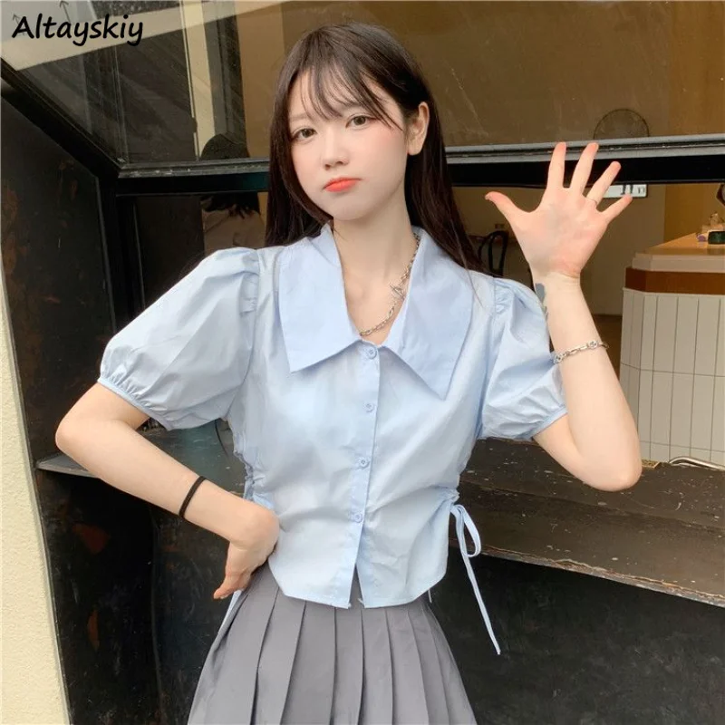 Bandage Shirts Women Hollow Out Slim Hotsweet Solid All-match Summer Students Puff Sleeve Fashion Ulzzang Personality Classic